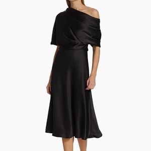 Amsale Draped Satin One-Shoulder Midi-Dress Black Size 2